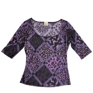Y2K Square Neck Patchwork‎ Top Purple Womens Medium Cropped Animal Print Vintage